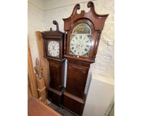 Two antique eight day longcase clock with painted dials.