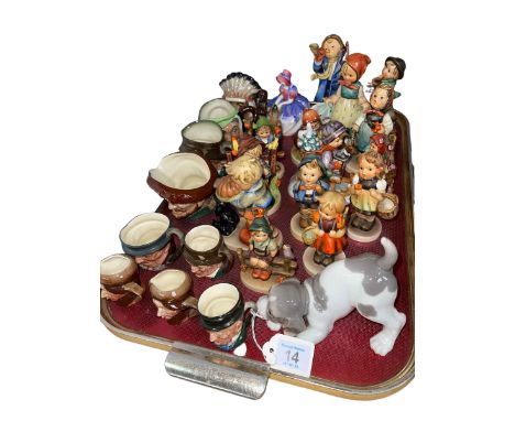 Tray lot with fourteen Hummel figures, nine Royal Doulton character jugs, Royal Doulton Monica, Beswick terrier and Lladro pu