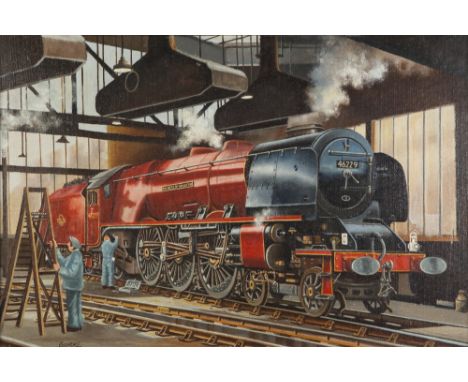 PATRICK BURKE OIL PAINTING ON BOARD Engine shed Crew North with engineers working on the locomotive 'Duchess of Hamilton', No