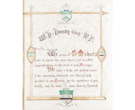 VICTORIAN MANUSCRIPT ILLUMINATED.  A BEAUTIFUL LEATHER BOUND WEDDING GIFT FROM THE PEOPLE OF ST. MICHAEL AND ALL ANGELS, BLAC