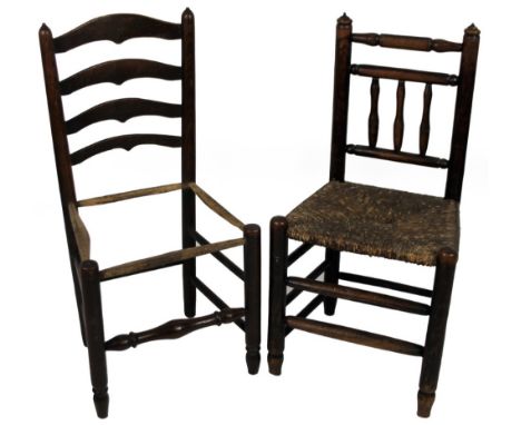 An early 19thC Lancashire style ash and elm chair, with turned back, rush seat, turned legs and triple stretchers, 96cm H, an