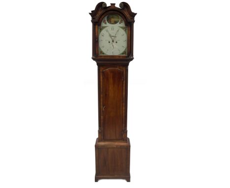 A George III mahogany longcase clock, with moulded swan neck and fluted pillared hood with ball and spike finial, with blind 