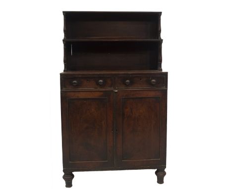 A Regency mahogany chiffonier, two level back with slender turned uprights, two frieze drawers with knob handles, two door ba