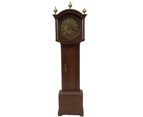 A late 18th/early 19thC oak longcase clock, with dentil moulded arched hood, with fluted pillars and ball and spike finials,f