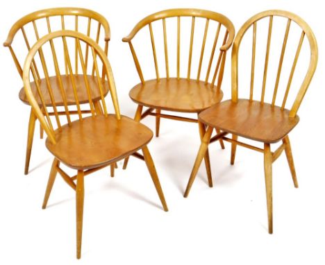 A set of four Ercol stick back chairs, to include two carvers, each on turned legs, 78cm H, etc.  (4)