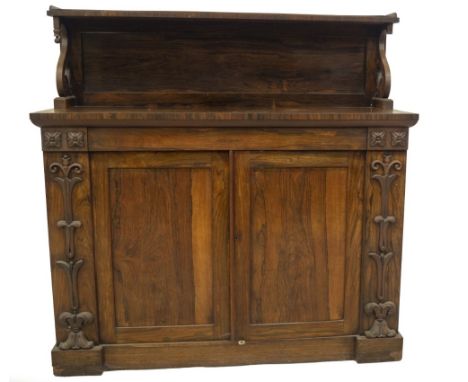 A William IV rosewood chiffonier, with galleried shelf supported on scroll brackets to the panel back, the base having a frie