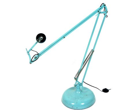 A mid 20thC industrial Bauhaus design angle poise lamp, in turquoise with swing metal sprung stem on domed circular base, 39c