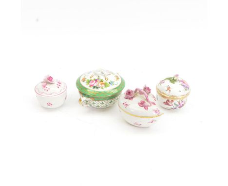 Limoges twin handled dish and cover, with foliate decoration, together with a Meissen trinket box and cover and two others  