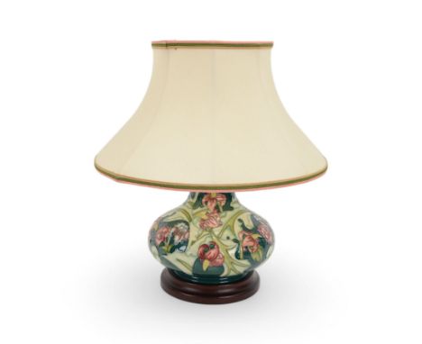 Moorcroft table lamp in Leicester pattern, of squat baluster form with original lampshade, H40cm