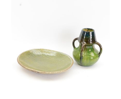 Studio pottery tyg vase, in blue and green glaze, together with John Solly oval dish, tyg H27cm