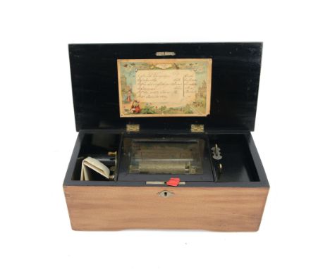 Cylinder musical box, playing six airs, listed on a printed and handwritten card to lid, H15cm 