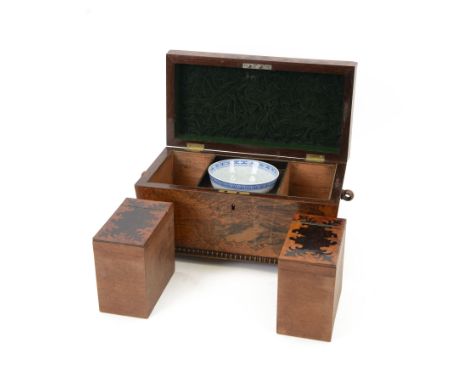 Victorian rosewood inlaid tea caddy, of sarcophagus form with twin ring handles, the interior with two lidded compartments  a