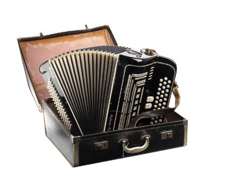 BUTTON KEY ACCORDION BY LUIGI PELLIGRINI, black lacquered body, inscribed Recanati, 40cm wide, in carry case