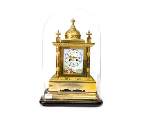 19TH CENTURY ORMOLU MANTEL CLOCK, two train eight day movement by AD Mougin, the ceramic dial with Arabic numerals, painted w