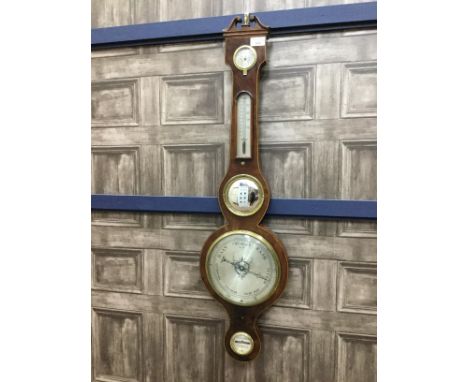 MID-19TH CENTURY WHEEL BAROMETER, the silvered weather dial below a convex mirror, alcohol thermometer and damp/dry dial, box