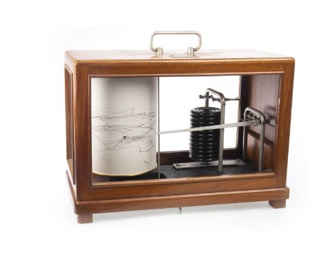 BAROGRAPH by R. FUESS of BERLIN, Nr. 1181547, reg. Nr. 22mb, contained in a glazed mahogany case with swing handle, 28cm high