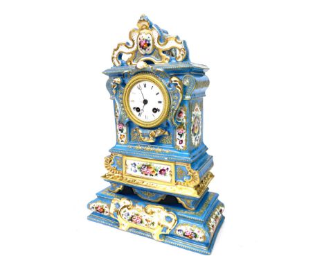 VICTORIAN FRENCH PORCELAIN MANTEL CLOCK, the two train eight day movement marked Scherf.R. A. Paris, the white enamel dial wi