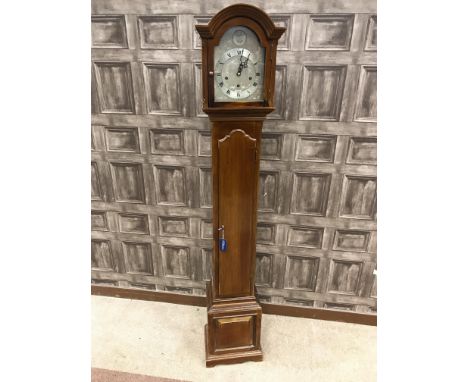GRANDMOTHER CLOCK, the moulded hood enclosing an arched silverised dial with Roman numerals and 8 day striking movement, bear