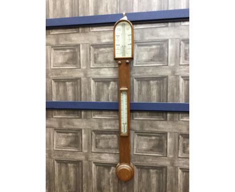 NEGRETTI &amp; ZAMBRA STICK BAROMETER, white dial with two adjustable markers, mercury thermometer, 95cm high