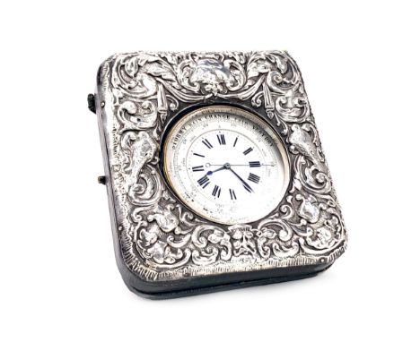 FRENCH TRAVELLING TIMEPIECE WITH BAROMETER, the central timepiece with white enamel dial within and outer silverised baromete