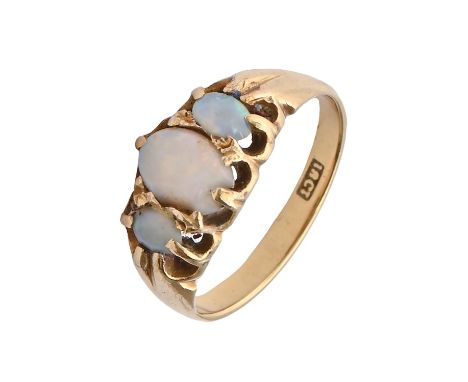 An opal ring, c1900, in gold marked 18ct, 3.5g, size J Larger opal chipped, all scratched