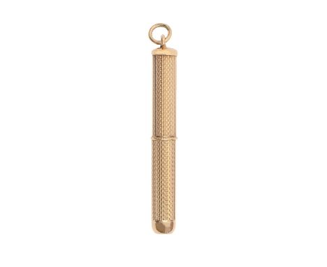 &nbsp;A 9ct gold toothpick, engine turned, 45mm (un-extended), by C S Green &amp; Co, Birmingham 1969, 6g Good condition