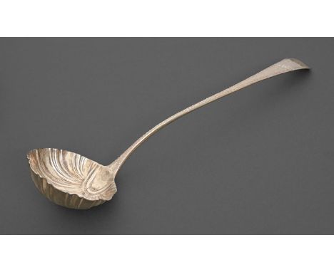 A George III silver soup ladle, bright cut Old English pattern with shell bowl, crested, by Peter and Ann Bateman, London 179