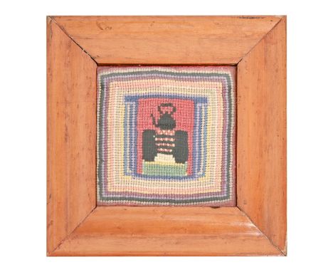 A Victorian woolwork picture of a kettle on a hob grate, in contemporary bird’s eye maple frame, 22 x 22cm overall Good condi