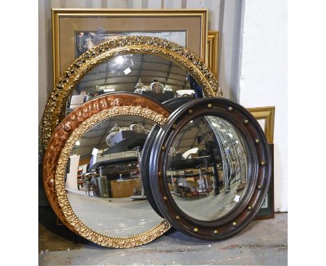 Miscellaneous pictures, prints and mirrors, including an oak framed convex mirror, 52cm diam 