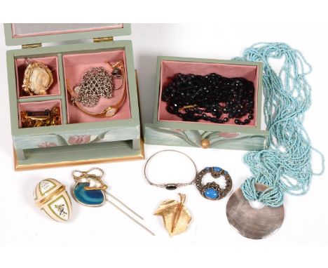 Miscellaneous silver and costume jewellery, including a Halcyon Days enamel Easter egg, 1984 