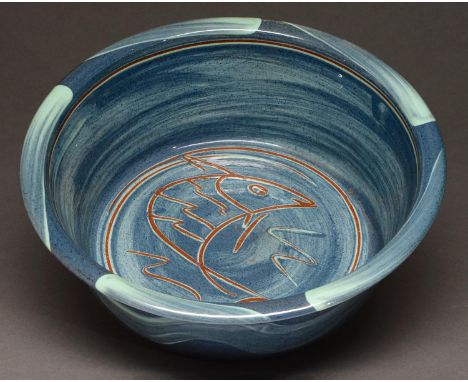 Studio ceramics. Penny Simpson (1949 - ) - Fish Basin, blue glazed earthenware with sgraffito, 35cm diam, impressed flower, i