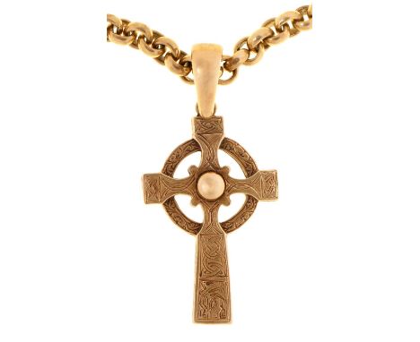 A 9ct gold Celtic cross and chain, cross 45mm, London 1998, 90g Good condition
