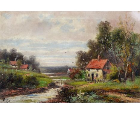 Abraham Hulk Junior (1851-1922) - Cottages by a Stream, signed, oil on canvas, 39 x 60cm Good condition, frame re-gilt, varni