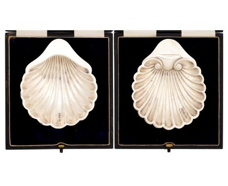 Two George V silver butter shells,&nbsp; 10.5cm l, by Harrison Bros &amp; Howson, Sheffield 1913, both cased, 2ozs 12dwts (2 