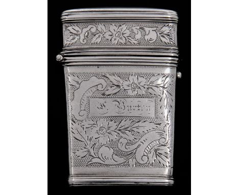 A Victorian silver lancet case,&nbsp; with reeded borders and engraved with trailing flowers and foliage, the front inscribed