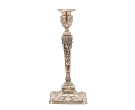 A Victorian Neo Classical style silver candlestick, nozzle, 30.5cm h, by William Hutton &amp; Sons Ltd, London 1897, loaded L