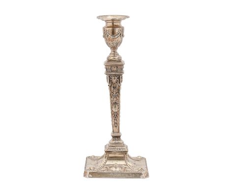 A Victorian Neo Classical style silver candlestick, nozzle, 30.5cm h, by William Hutton &amp; Sons Ltd, London 1897, loaded L