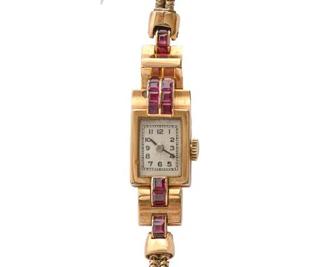 An Odeon style synthetic ruby and 18ct gold cocktail watch, c1950, 14 x 21mm, on 9ct gold twin strand Brazilian mesh bracelet