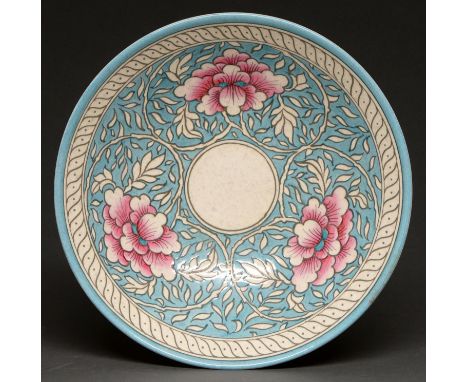 Charlotte Rhead. An H J Wood Bursley Ware bowl, c1930, tube lined with pink flowers on a blue ground, 28.5cm diam, printed ma