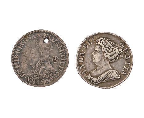 Coins. Anne, Shilling, 1712 R&amp;P, VF; Elizabeth I, Milled Sixpence, 1562 holed g-vg (2) 