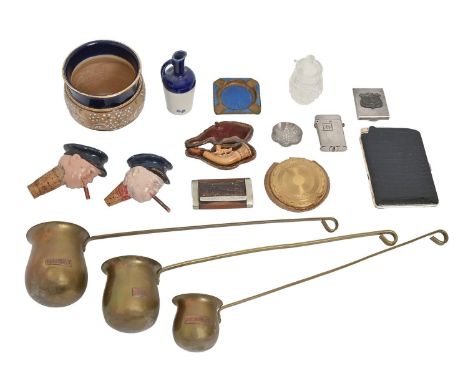 Miscellaneous items, including a set of three graduated brass toddy ladles, a meerschaum pipe carved with a dog, two Winston 