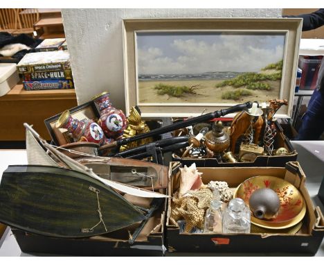 Miscellaneous items, including a pair of cloisonne vases, 32cm h, a pond yacht, copper warming pan, carriage lantern, seashel