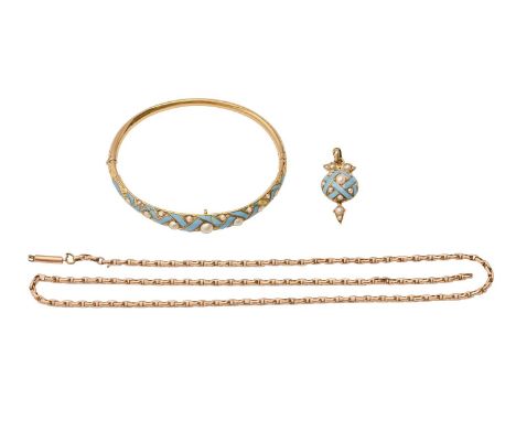 A Victorian split pearl and gold and turquoise enamel pendant and a bangle en suite, bangle 57mm (internal) and a gold neckle