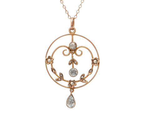 An aquamarine and split pearl openwork pendant, c1910, in gold, 38mm h, marked 9ct and a gold necklet, 4.3g Good condition