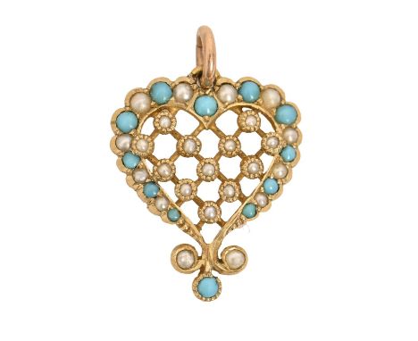 A split pearl and turquoise heart shaped openwork pendant&nbsp;with trellis centre, c1910, in gold, 20mm, marked 15ct, 2g Goo