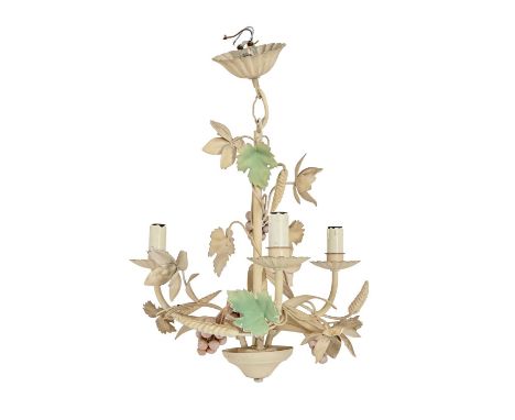 A painted metal naturalistic chandelier of three lights, mid 20th c, formed of flowers and berries, 50cm h overall Good condi