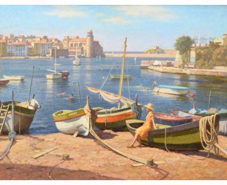 Edward Albert Hickling (1913-1998) - Collioure Beach, South France, signed, titled Guildhall Art Gallery label to verso, oil 