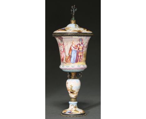 A Viennese silver gilt and painted enamel cup and cover, c1900, painted with mythological scenes, the interior and underside 