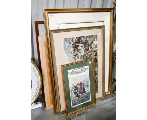 Miscellaneous prints (6) and a&nbsp;contemporary oxidised metal standard lamp and glass shade, 174cm h 