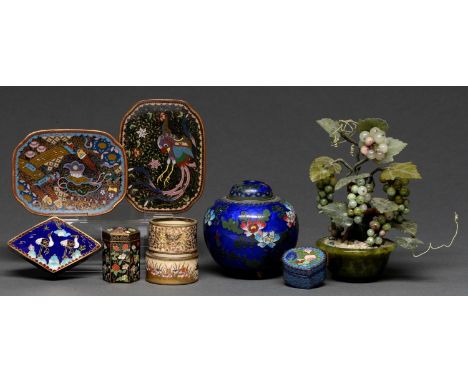 A Chinese jewel tree, 18cm h, a pair of Satsuma napkin rings, miscellaneous Japanese and other cloisonne enamel wares includi